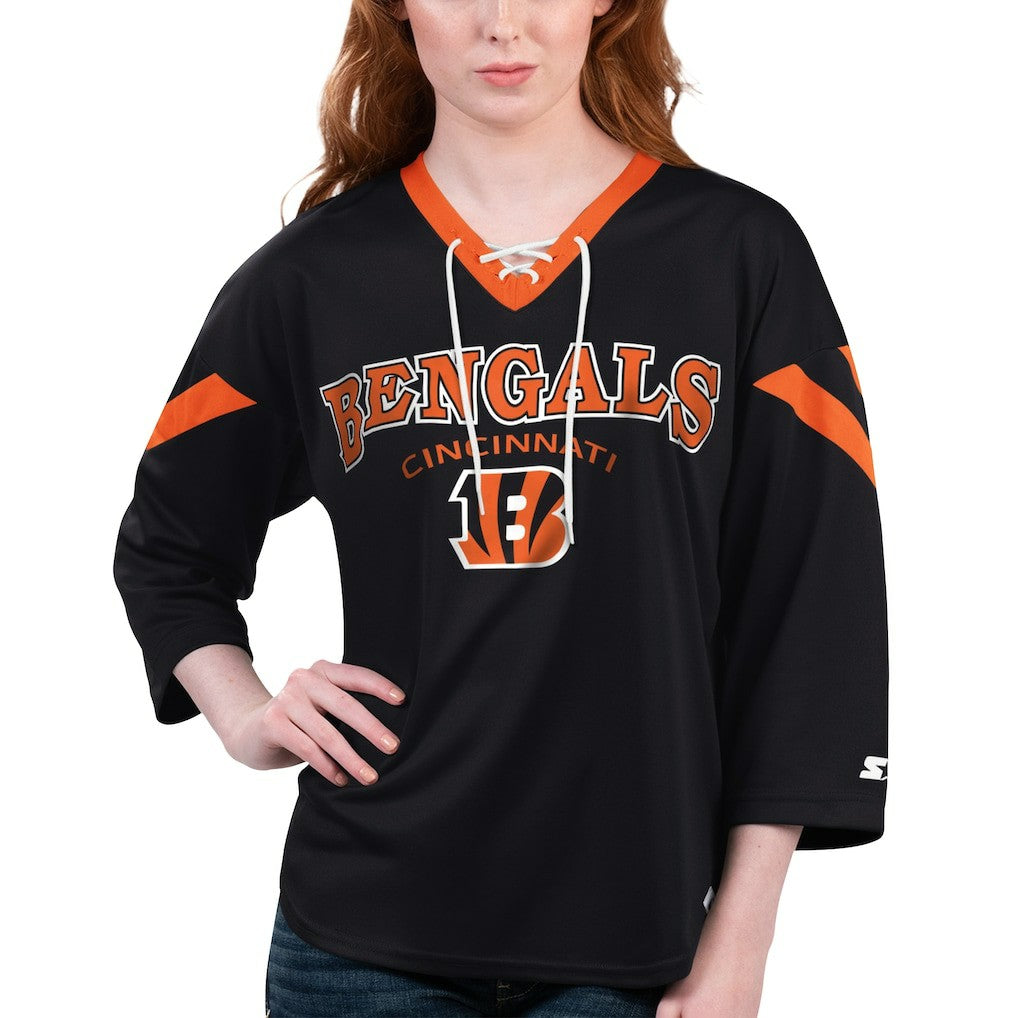 Cincinnati Bengals Starter Women's Rally Lace-Up 3/4 Sleeve T-Shirt - Black online