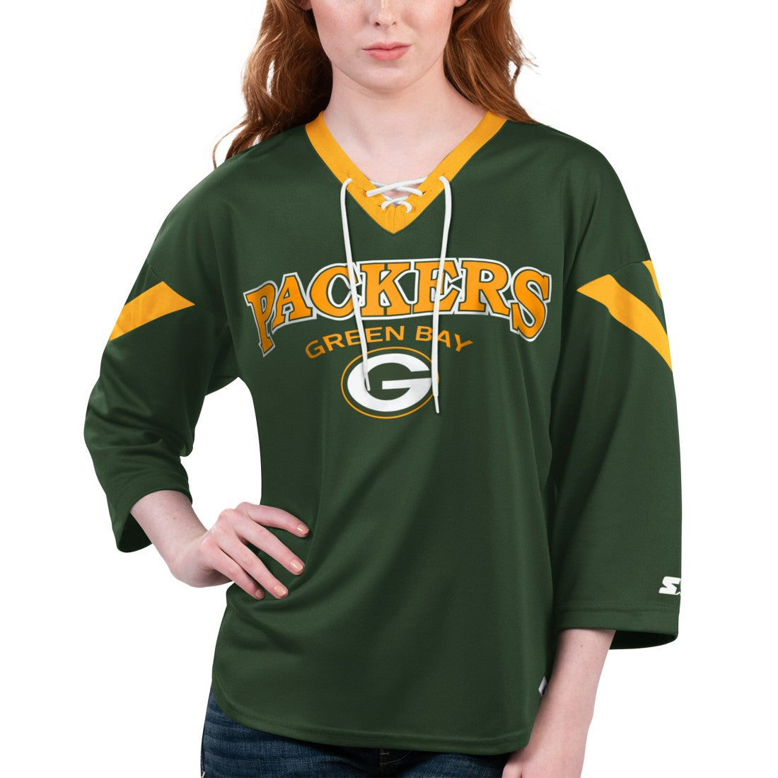 Green Bay Packers Starter Women's Rally Lace-Up 3/4 Sleeve T-Shirt - Green outlet