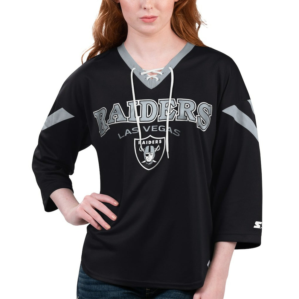 Las Vegas Raiders Starter Women's Rally Lace-Up 3/4 Sleeve T-Shirt - Black discount