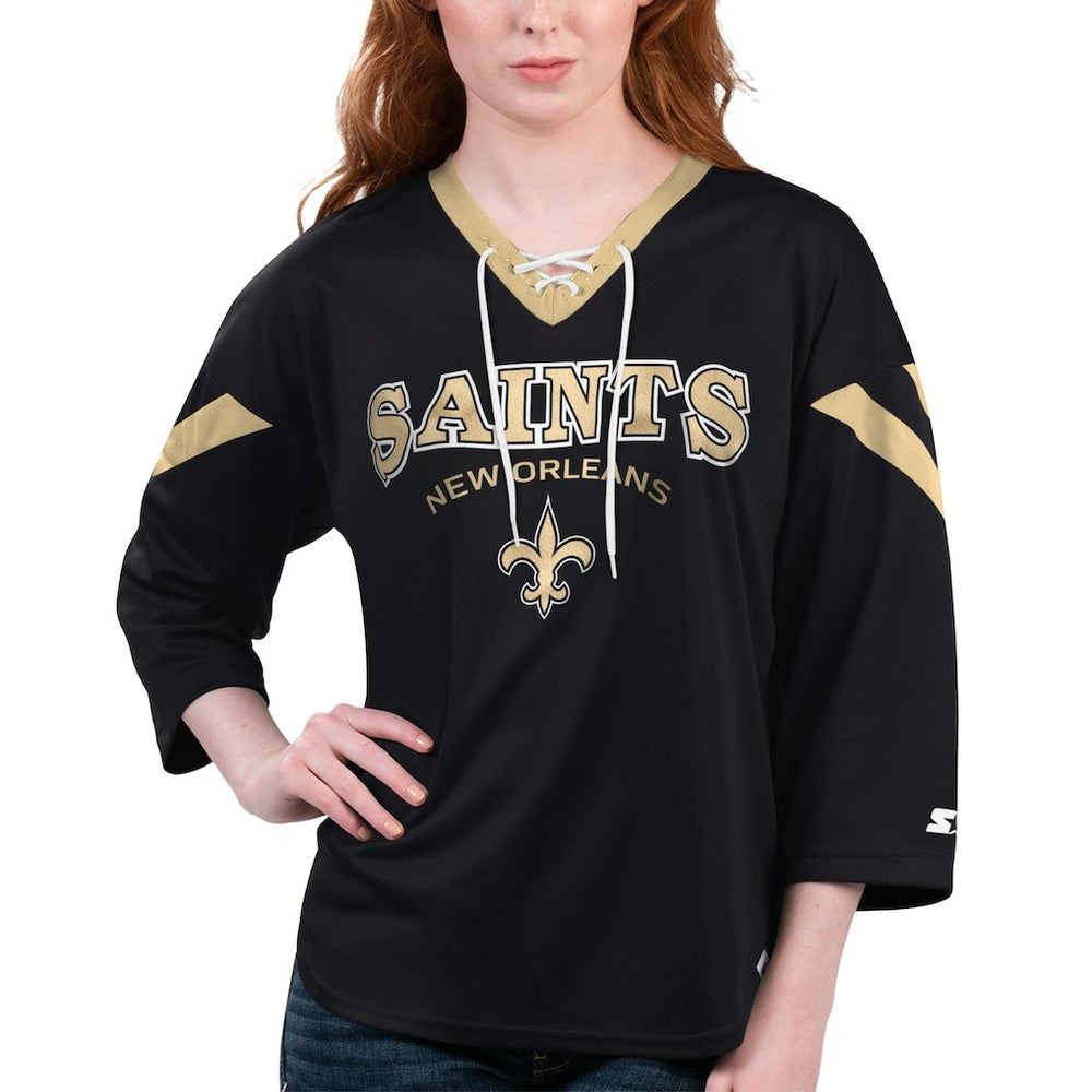 New Orleans Saints Starter Women's Rally Lace-Up 3/4 Sleeve T-Shirt - Black cheap