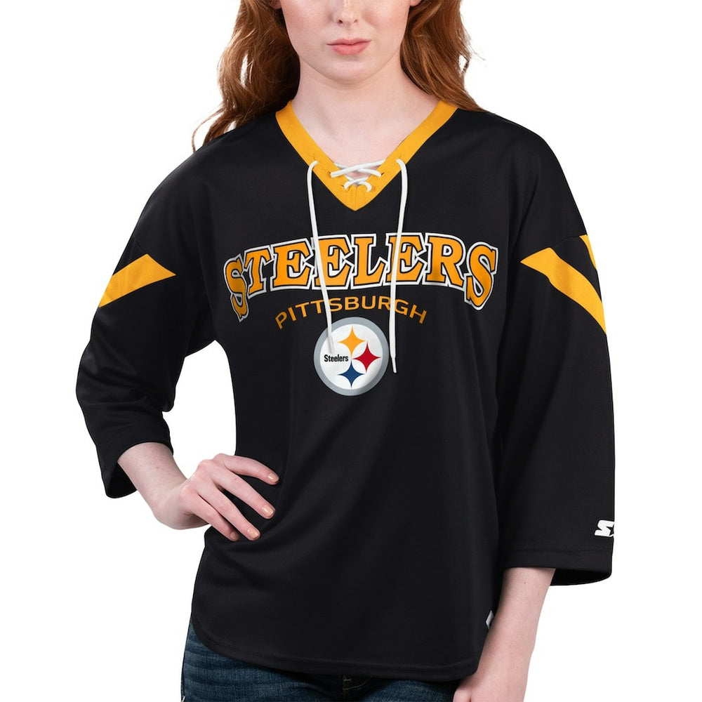 Pittsburgh Steelers Starter Women's Rally Lace-Up 3/4 Sleeve T-Shirt - Black discount
