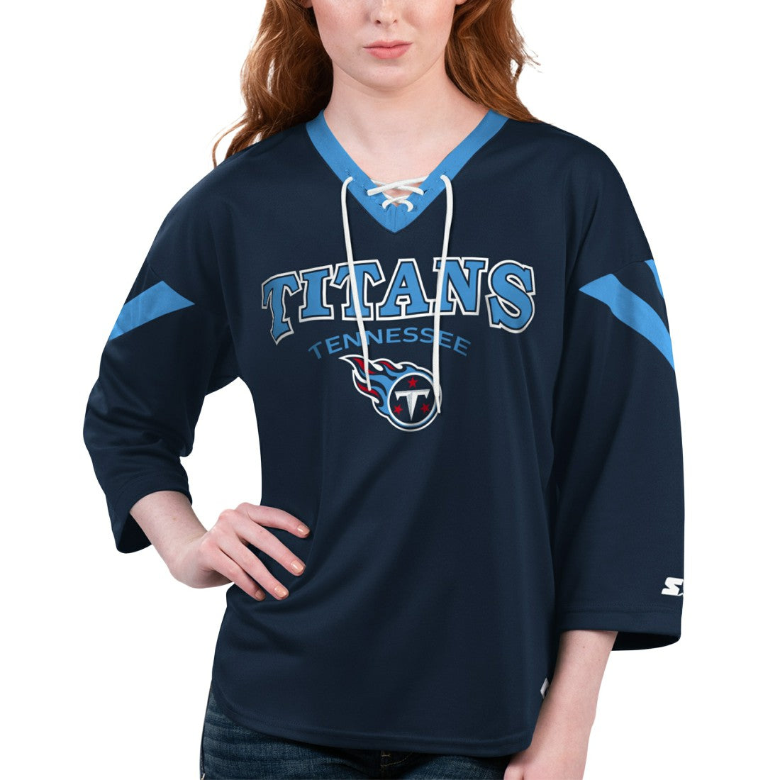 Tennessee Titans Starter Women's Rally Lace-Up 3/4 Sleeve T-Shirt - Navy sale