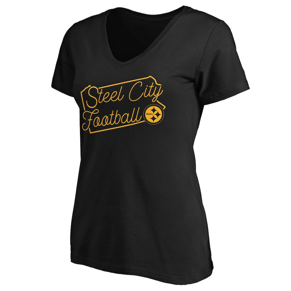 Pittsburgh Steelers Women's Script V-Neck T-Shirt - Black discount