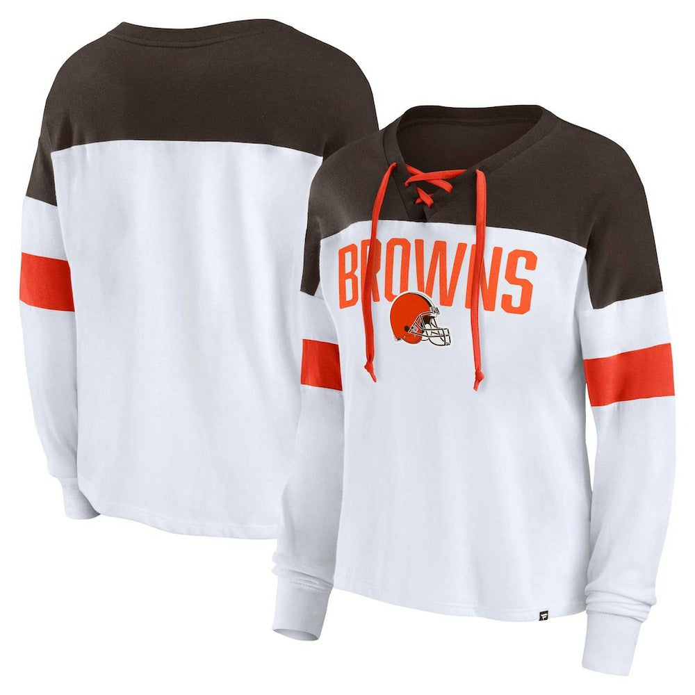 Cleveland Browns Women's Plus Size Even Match Lace-Up Long Sleeve V-Neck Top - White/Brown cheap