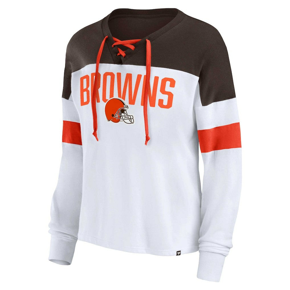 Cleveland Browns Women's Plus Size Even Match Lace-Up Long Sleeve V-Neck Top - White/Brown cheap