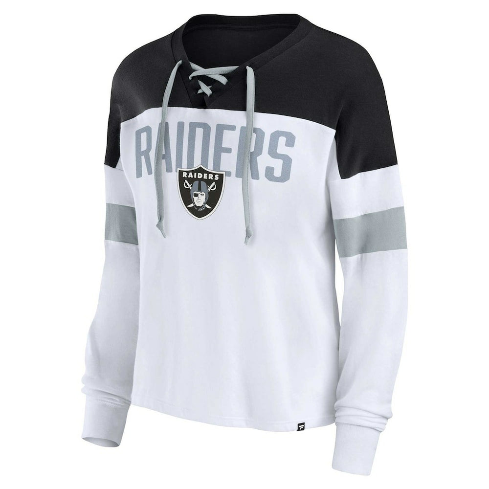 Las Vegas Raiders Women's Plus Size Even Match Lace-Up Long Sleeve V-Neck Top - White/Black online