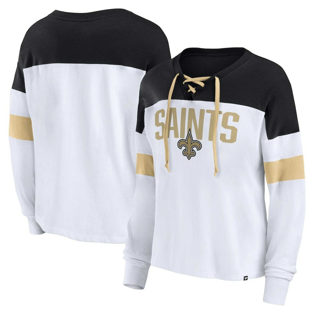 New Orleans Saints Women's Plus Size Even Match Lace-Up Long Sleeve V-Neck Top - White/Black discount
