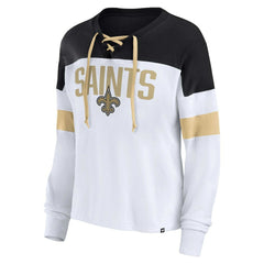 New Orleans Saints Women's Plus Size Even Match Lace-Up Long Sleeve V-Neck Top - White/Black discount