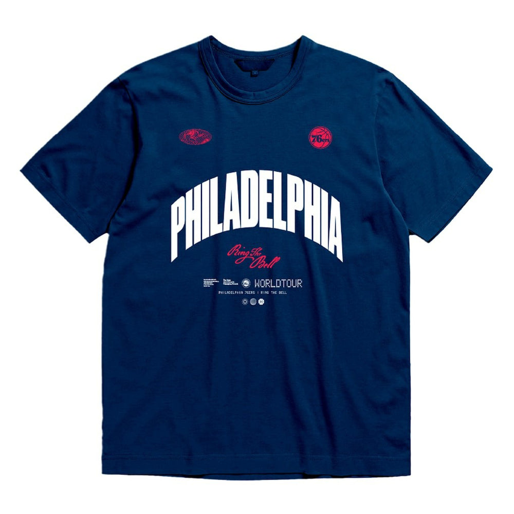 Philadelphia 76ers Bleacher Report x  Unisex World Tour T-Shirt - Navy | Mitchell & Ness for sale