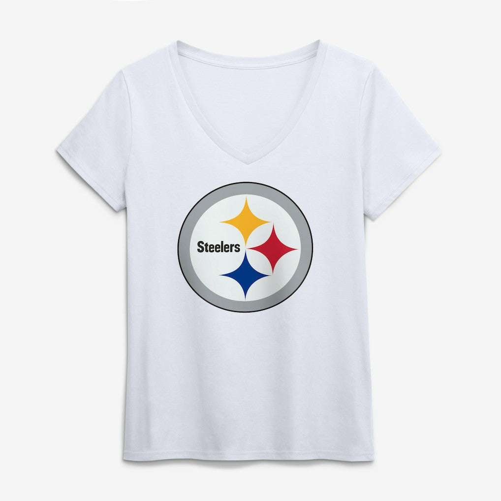 Pittsburgh Steelers Logo Athletic Women's Primary Logo V-Neck T-Shirt - White cheap