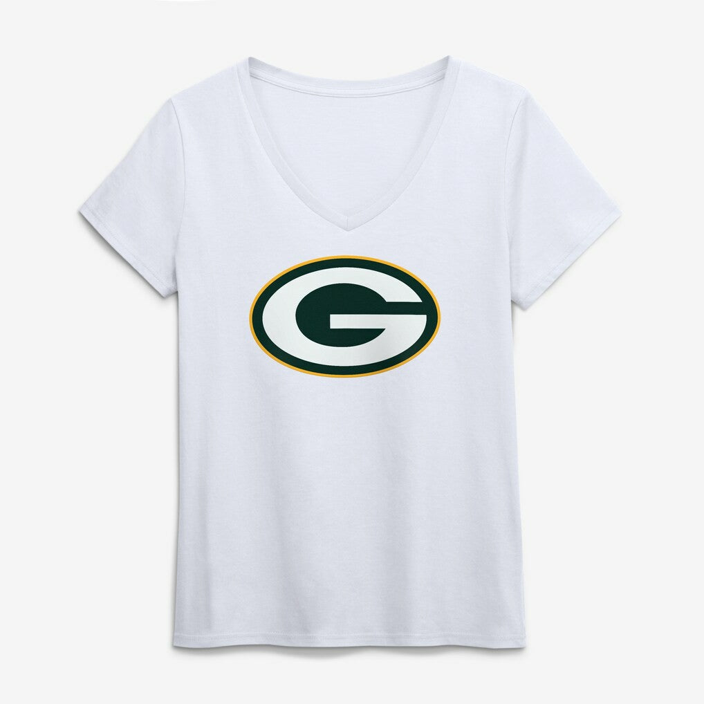 Green Bay Packers Logo Athletic Women's Primary Logo V-Neck T-Shirt - White discount