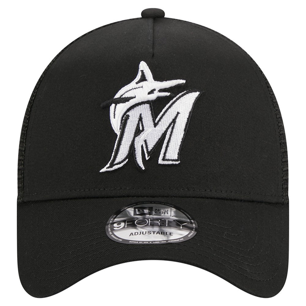 Miami Marlins A-Frame 9FORTY Trucker Adjustable Hat - Black | New Era