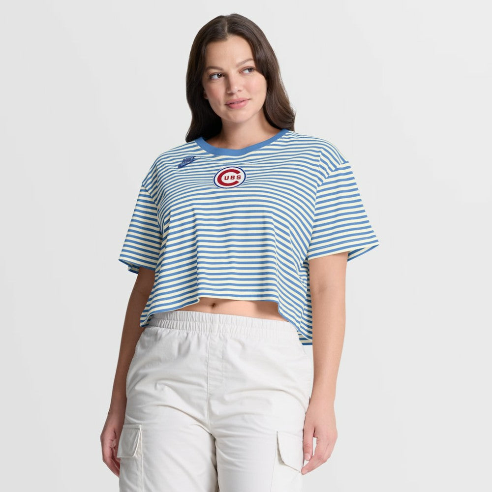 Chicago Cubs Women's Cooperstown Collection Striped Cropped T-Shirt - Light Blue/Cream | Nike