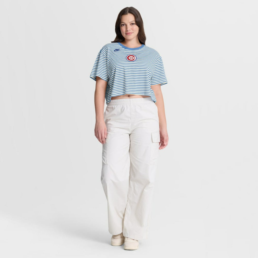 Chicago Cubs Women's Cooperstown Collection Striped Cropped T-Shirt - Light Blue/Cream | Nike