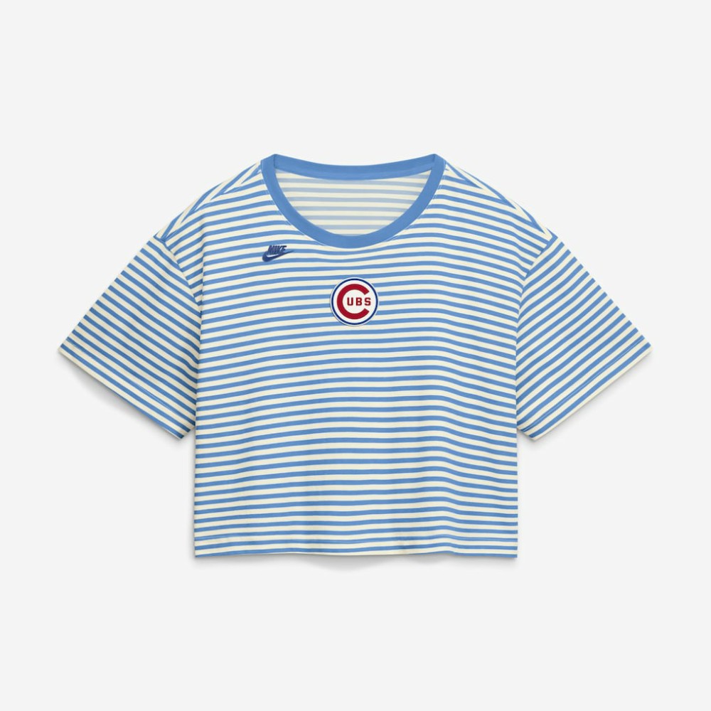 Chicago Cubs Women's Cooperstown Collection Striped Cropped T-Shirt - Light Blue/Cream | Nike