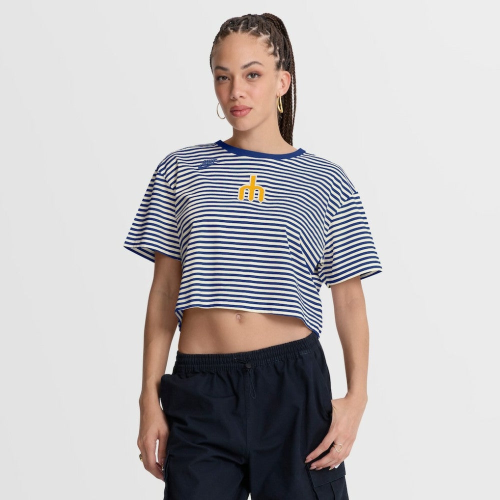 Seattle Mariners Women's Cooperstown Collection Striped Cropped T-Shirt - Royal/Cream | Nike