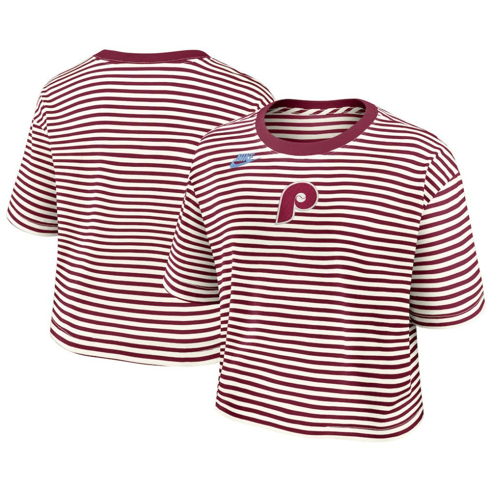 Philadelphia Phillies Women's Cooperstown Collection Striped Cropped T-Shirt - Burgundy/Cream | Nike