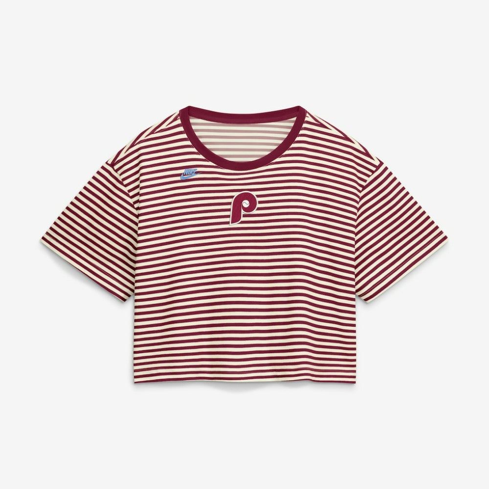 Philadelphia Phillies Women's Cooperstown Collection Striped Cropped T-Shirt - Burgundy/Cream | Nike