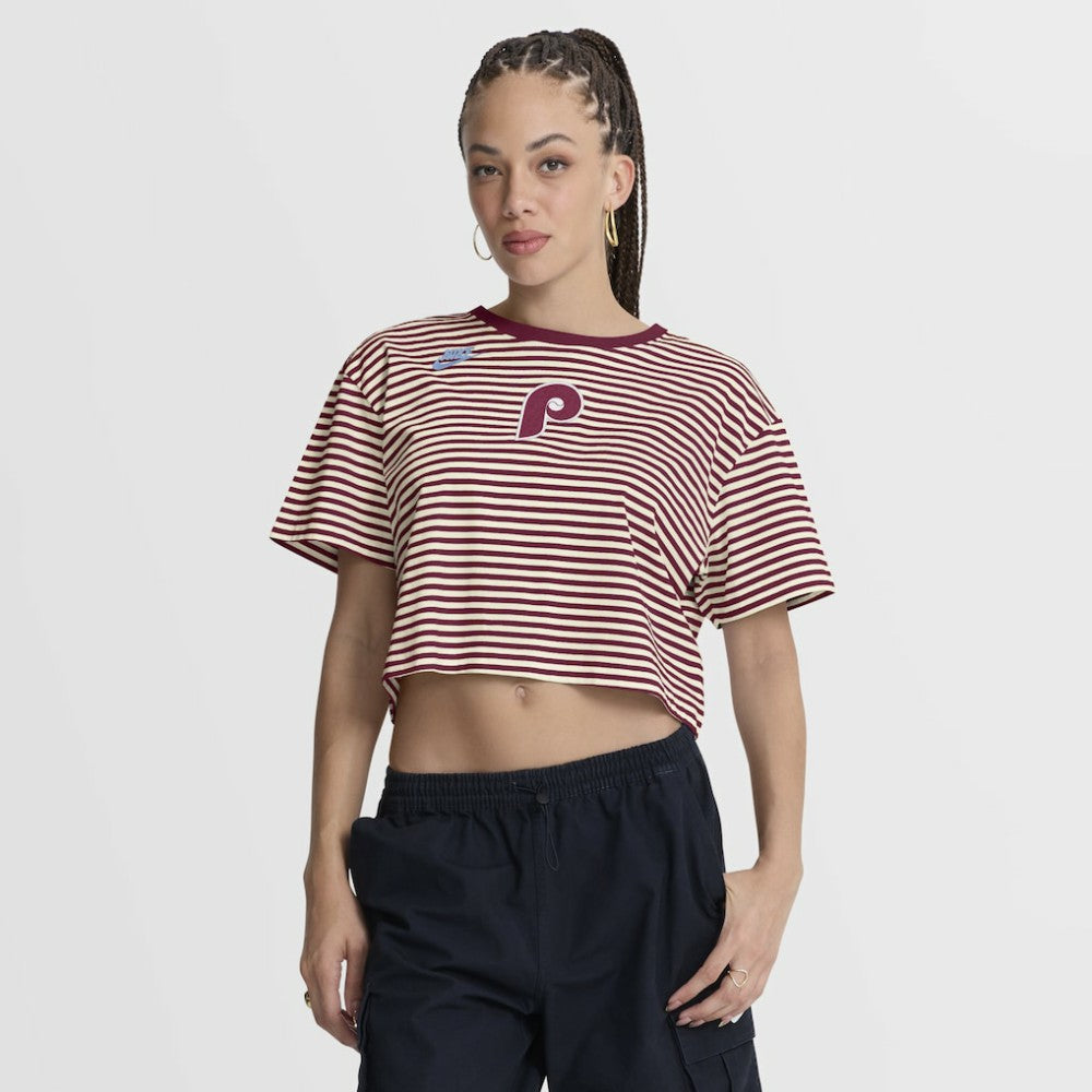 Philadelphia Phillies Women's Cooperstown Collection Striped Cropped T-Shirt - Burgundy/Cream | Nike
