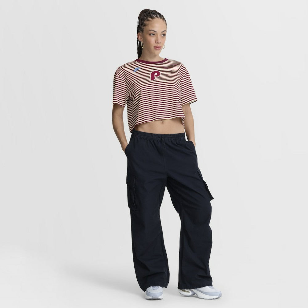Philadelphia Phillies Women's Cooperstown Collection Striped Cropped T-Shirt - Burgundy/Cream | Nike