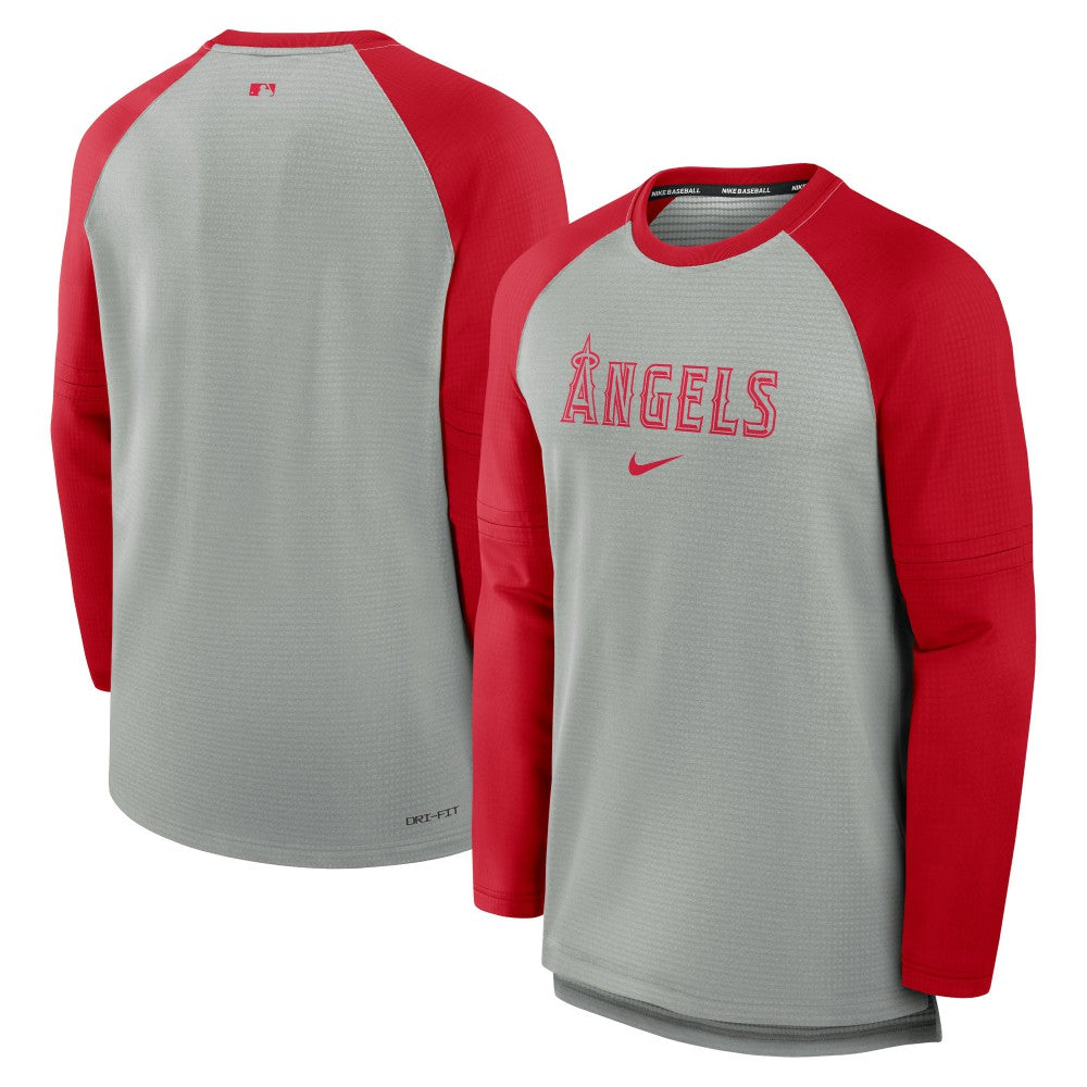 Los Angeles Angels Authentic Collection Game Time Raglan Performance Long Sleeve T-Shirt - Heather Gray/Red | Nike