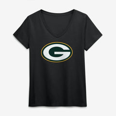 Green Bay Packers Logo Athletic Women's Primary Logo V-Neck T-Shirt - Black cheap