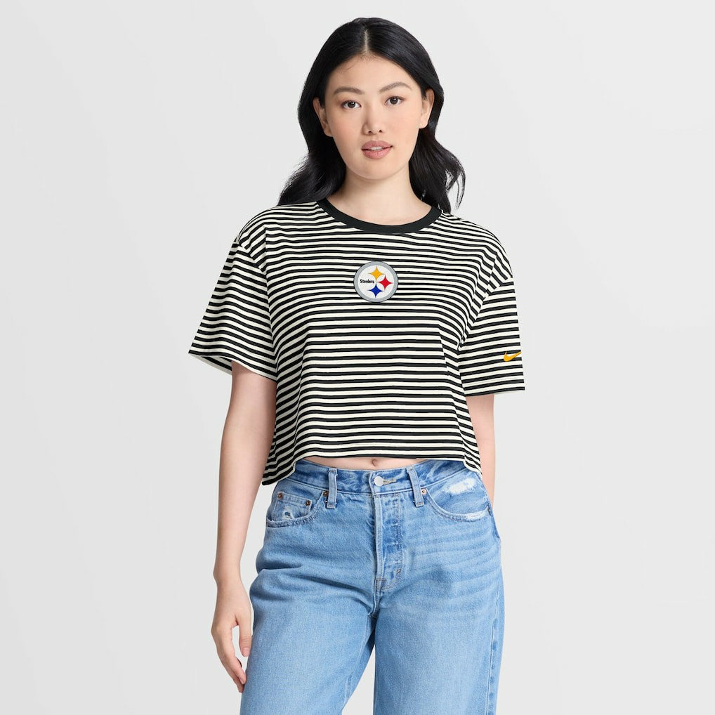 Pittsburgh Steelers Women's Striped Cropped T-Shirt - Black/Cream | Nike online