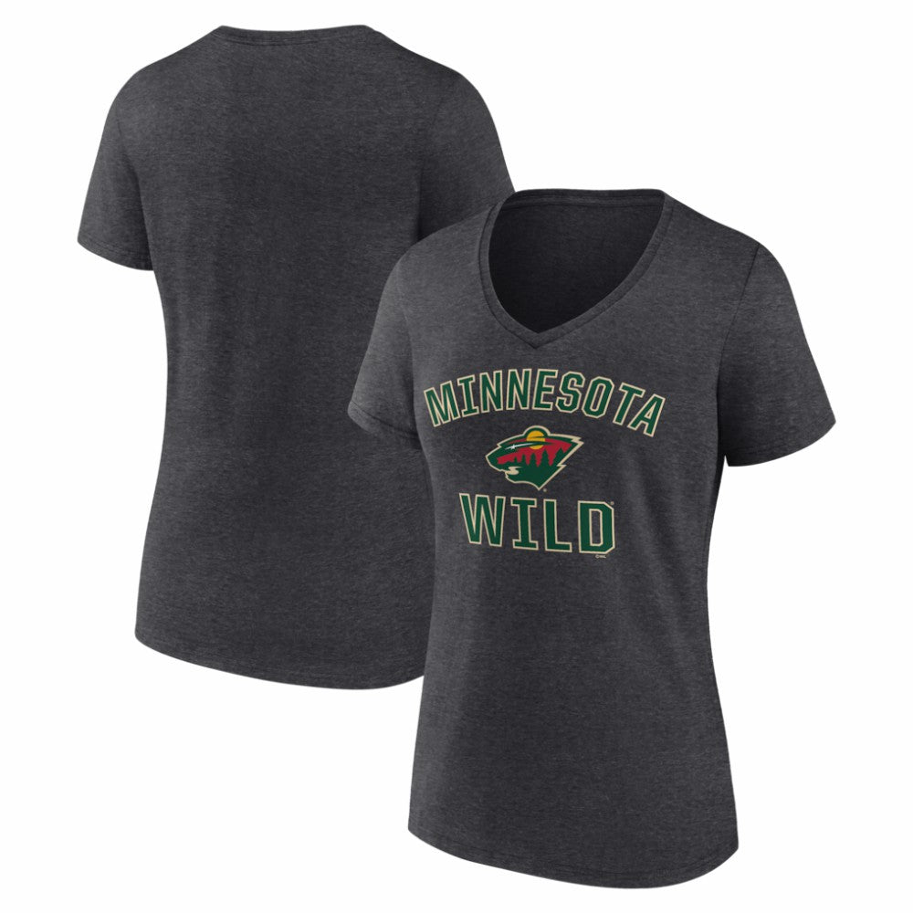 Minnesota Wild Logo Athletic Women's Arch Victory V-Neck T-Shirt Heather Charcoal