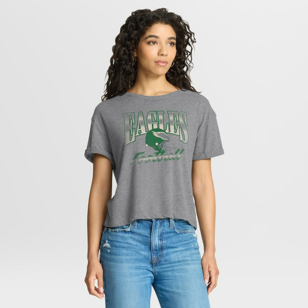 Philadelphia Eagles Women's Overplayed Tribute Tri-Blend Boxy T-Shirt - Heather Gray for sale