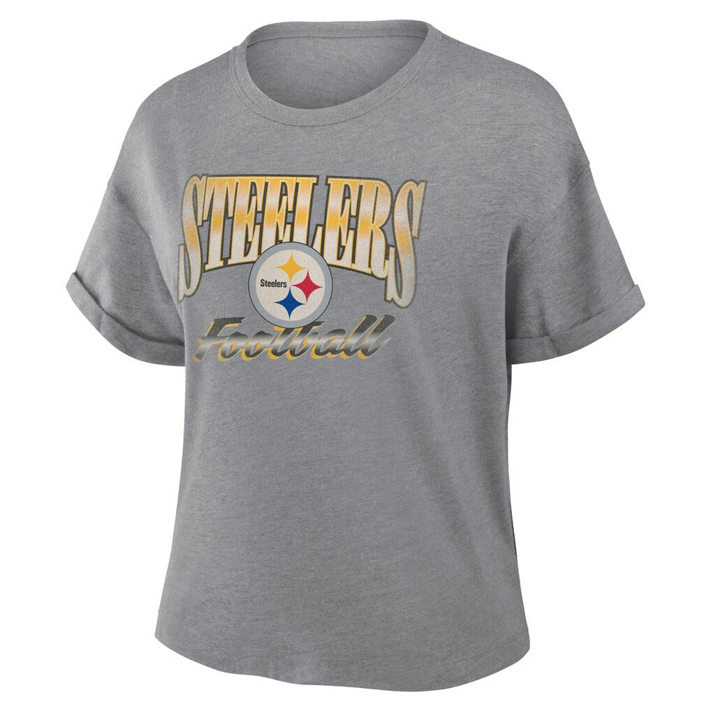 Pittsburgh Steelers Women's Overplayed Tribute Tri-Blend Boxy T-Shirt - Heather Gray outlet