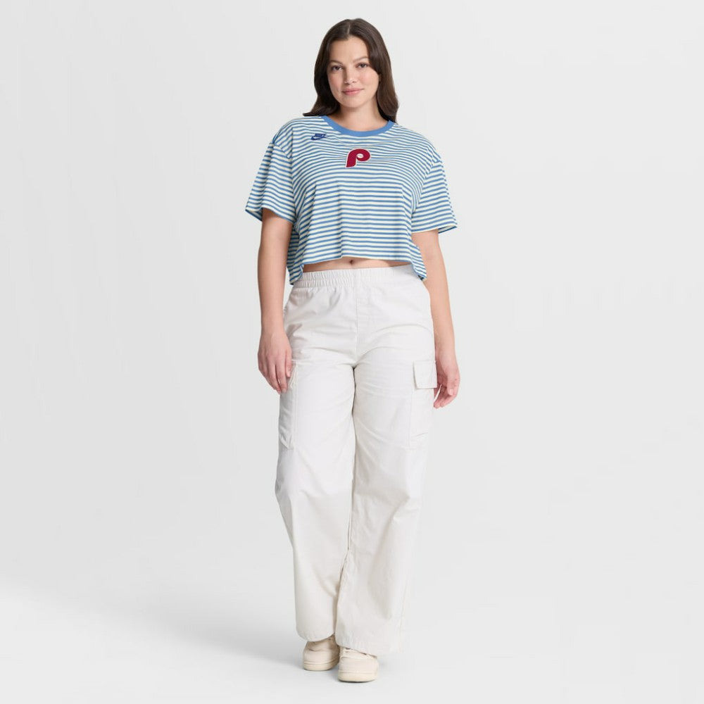 Philadelphia Phillies Women's Cooperstown Collection Striped Cropped T-Shirt - Light Blue/Cream | Nike