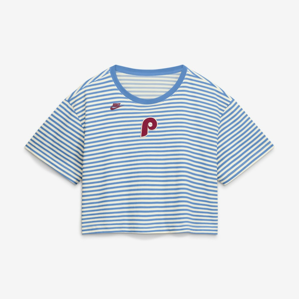 Philadelphia Phillies Women's Cooperstown Collection Striped Cropped T-Shirt - Light Blue/Cream | Nike