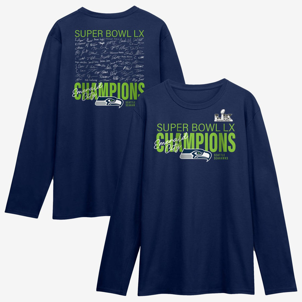 Seattle Seahawks Super Bowl LX Champions Autograph Signing Long Sleeve Roster T-Shirt - College Navy for sale