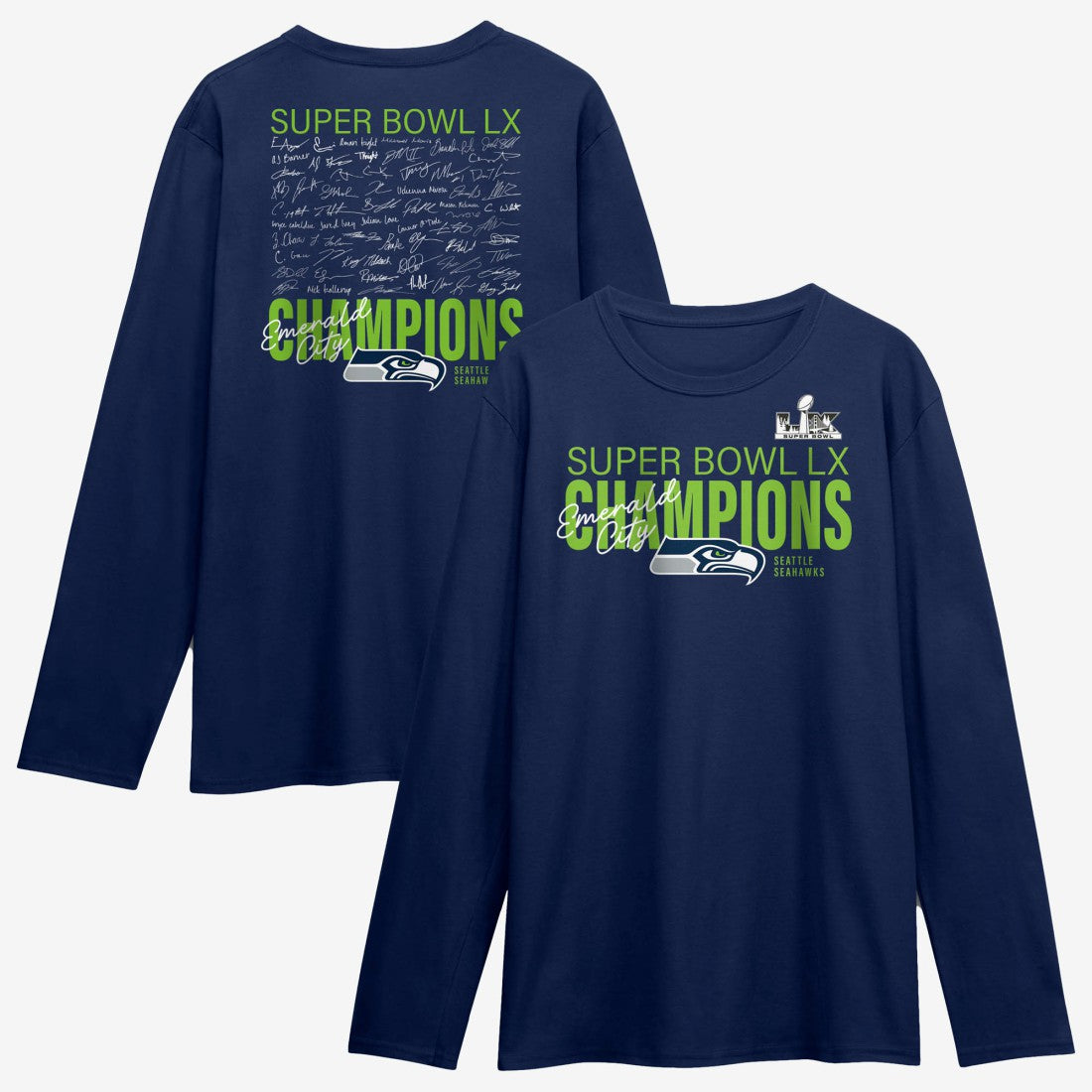 Seattle Seahawks Super Bowl LX Champions Autograph Signing Long Sleeve Roster T-Shirt - College Navy for sale