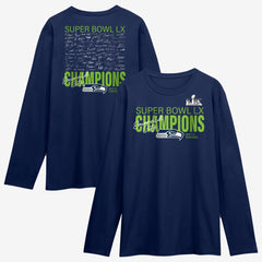 Seattle Seahawks Super Bowl LX Champions Autograph Signing Long Sleeve Roster T-Shirt - College Navy for sale