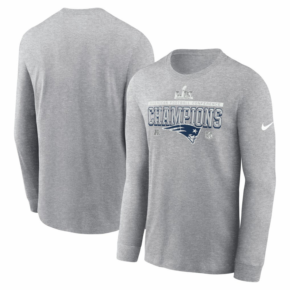 New England Patriots 2025 AFC Champions Locker Room Trophy Collection Long Sleeve T-Shirt - Heather Gray | Nike outlet