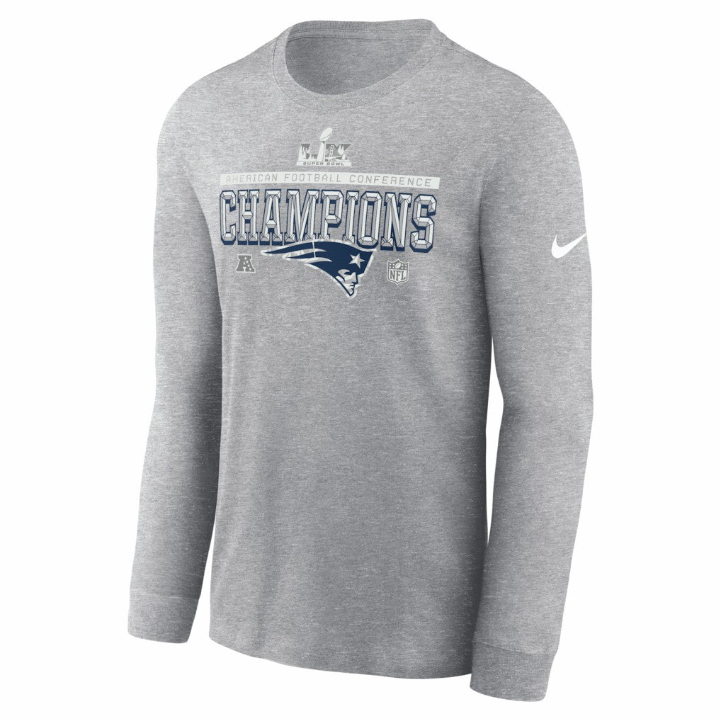 New England Patriots 2025 AFC Champions Locker Room Trophy Collection Long Sleeve T-Shirt - Heather Gray | Nike outlet