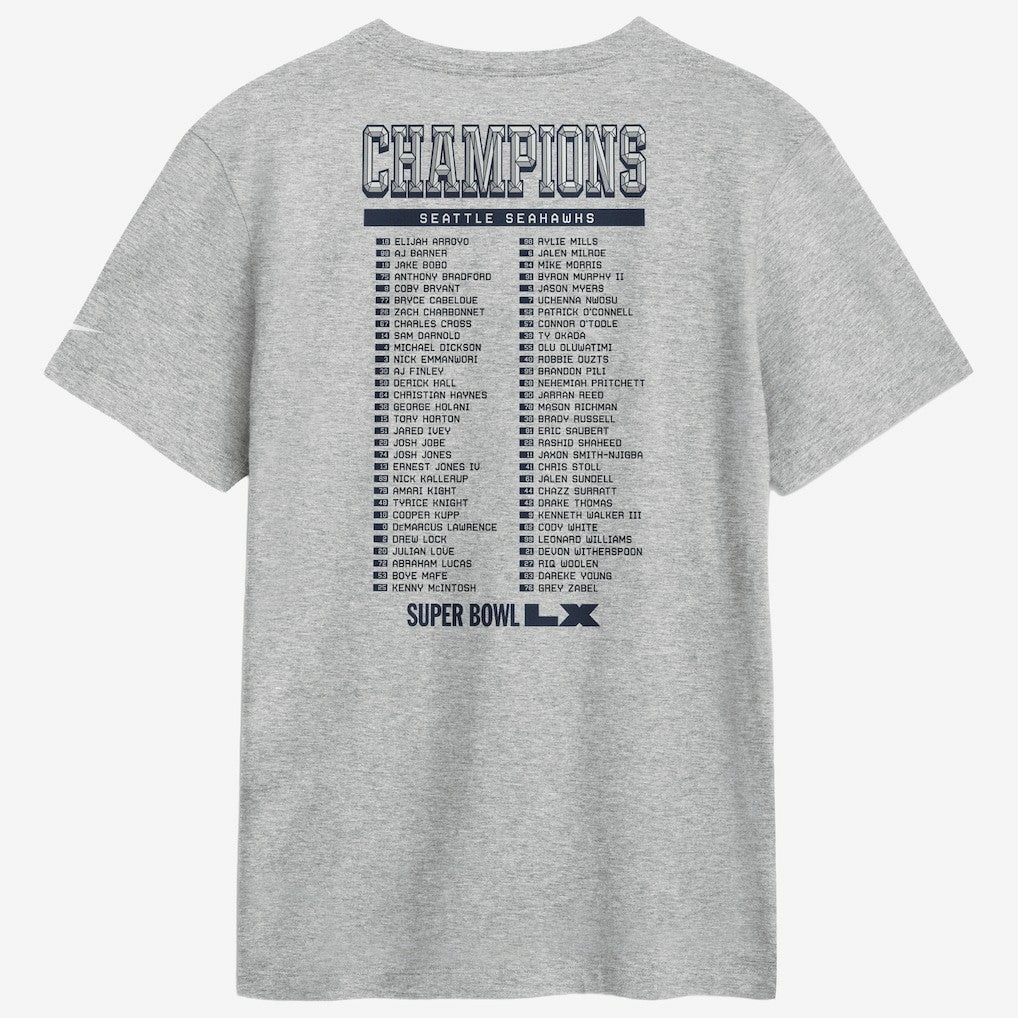 Seattle Seahawks Super Bowl LX Champions Ice Classic Roster T-Shirt - Heather Gray | Nike outlet