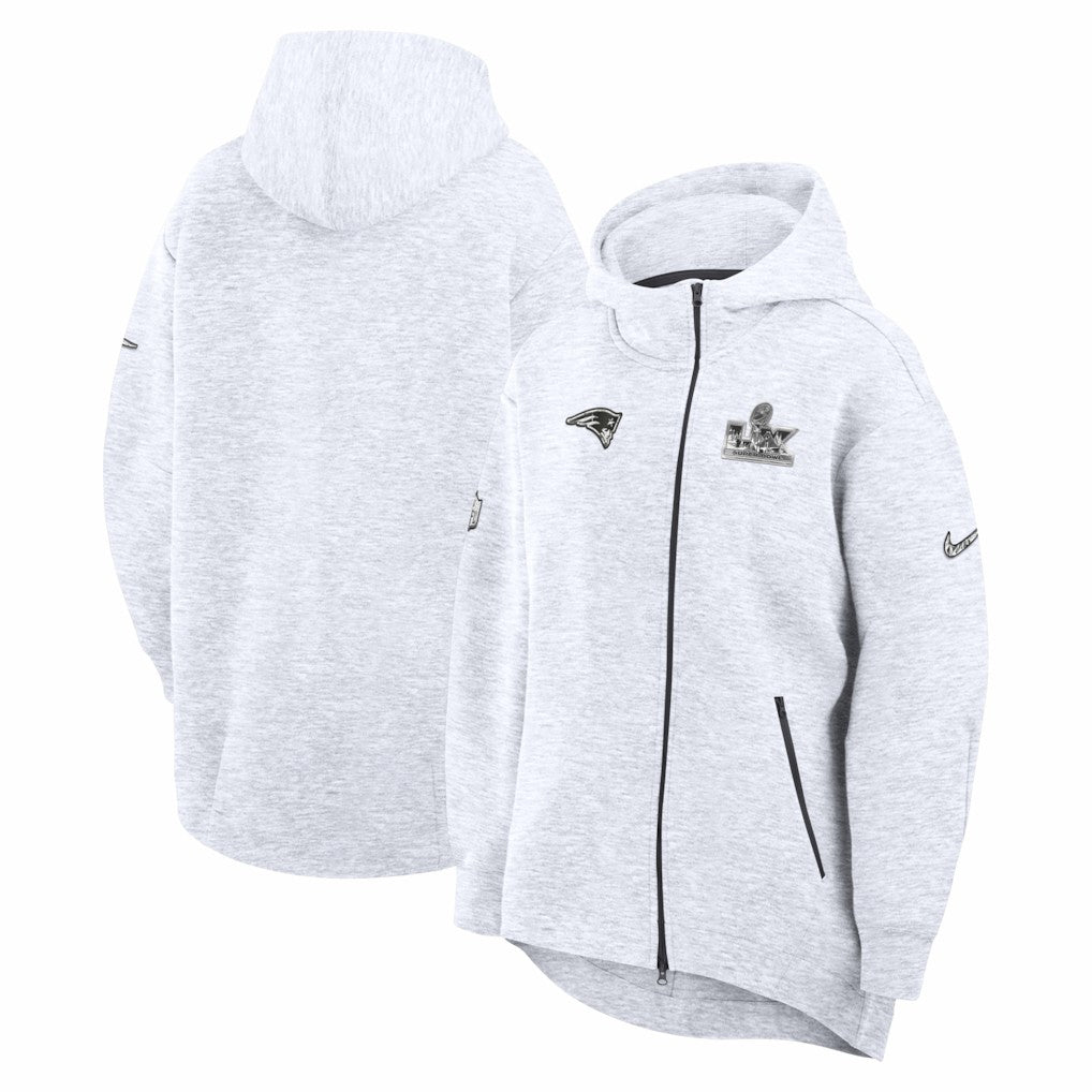New England Patriots Women's Super Bowl LX Opening Night Tech Fleece Full-Zip Hoodie - Heather Gray | Nike for sale