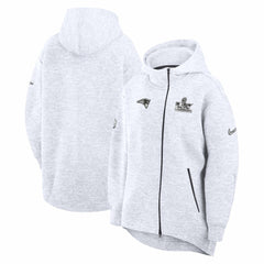 New England Patriots Women's Super Bowl LX Opening Night Tech Fleece Full-Zip Hoodie - Heather Gray | Nike for sale