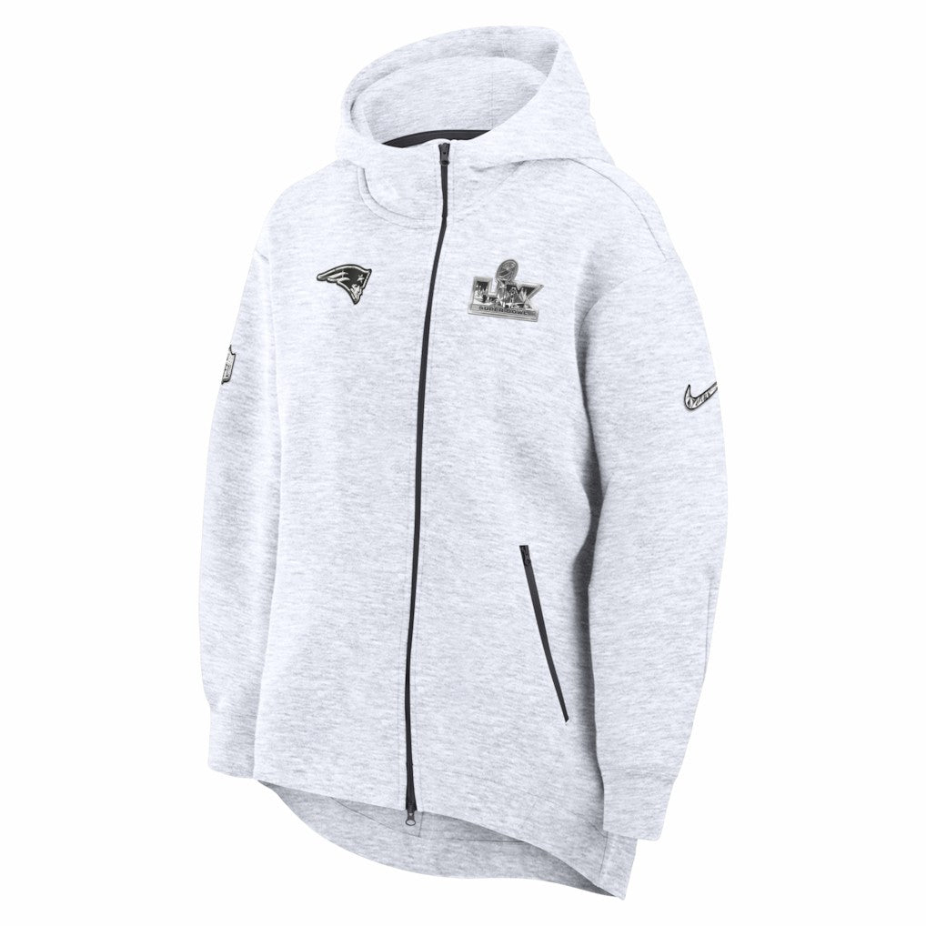 New England Patriots Women's Super Bowl LX Opening Night Tech Fleece Full-Zip Hoodie - Heather Gray | Nike for sale