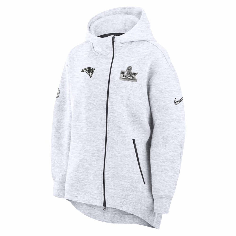 New England Patriots Women's Super Bowl LX Opening Night Tech Fleece Full-Zip Hoodie - Heather Gray | Nike for sale
