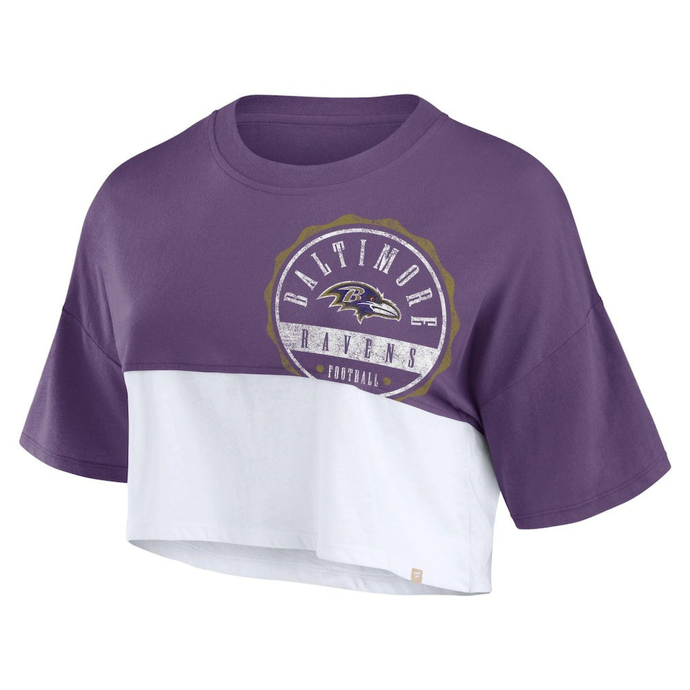 Baltimore Ravens Women's Boxy Color Split Cropped T-Shirt - Purple/White for sale