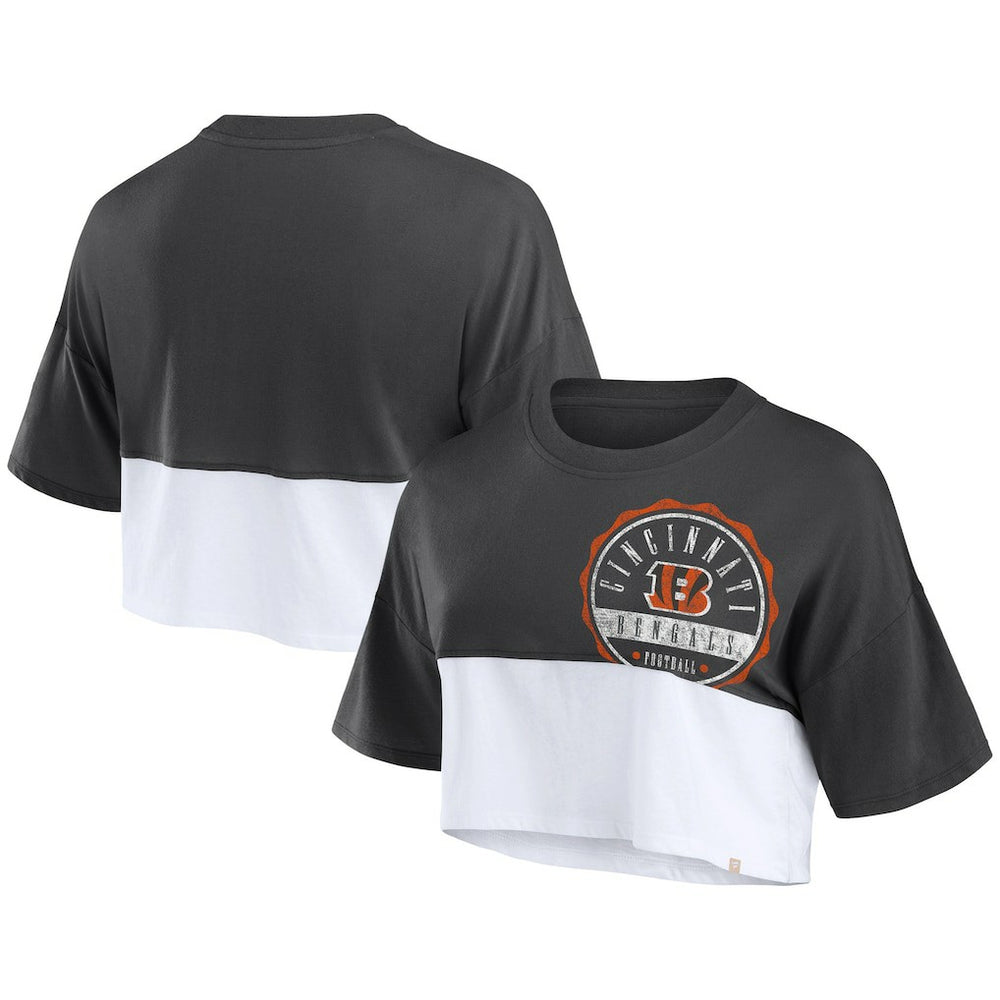 Cincinnati Bengals Women's Boxy Color Split Cropped T-Shirt - Black/White outlet