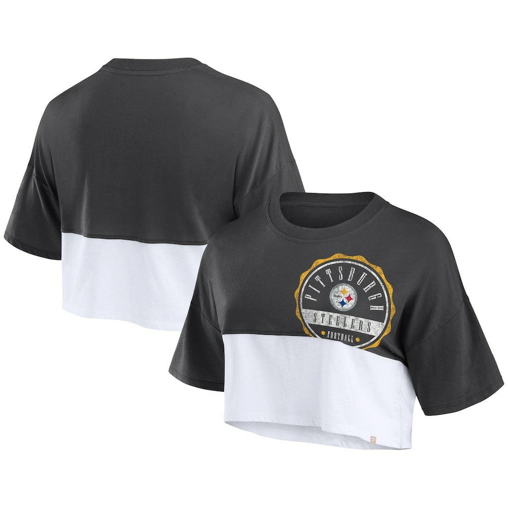 Pittsburgh Steelers Women's Boxy Color Split Cropped T-Shirt - Black/White online