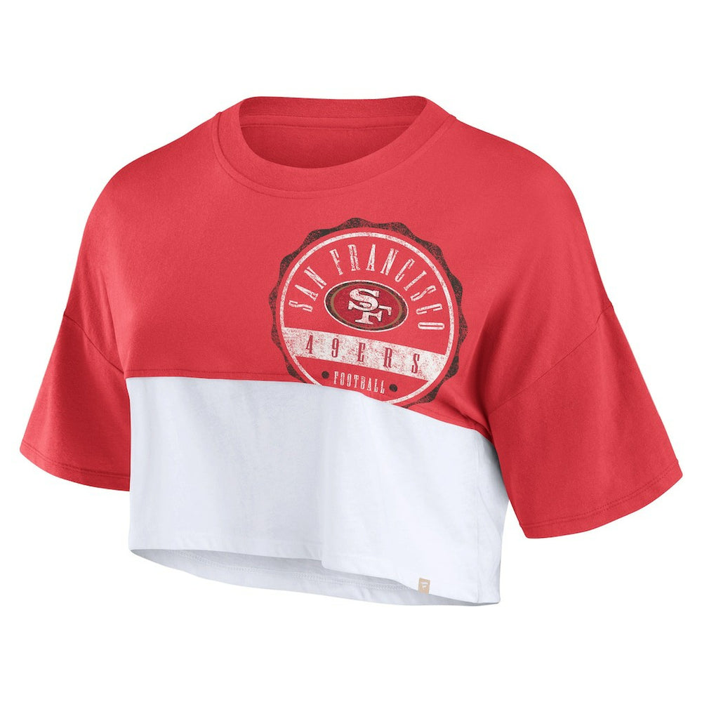 San Francisco 49ers Women's Boxy Color Split Cropped T-Shirt - Scarlet/White for sale