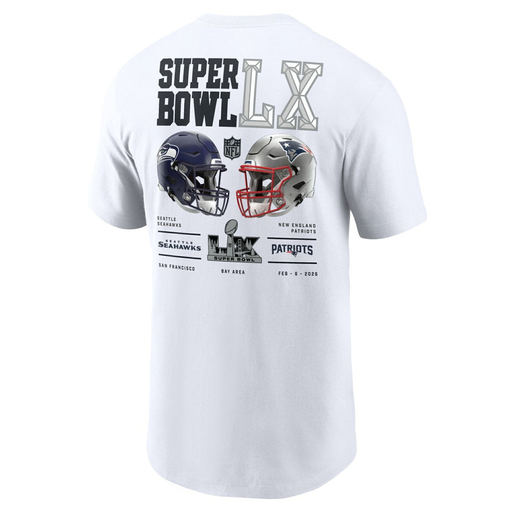 New England Patriots vs. Seattle Seahawks Super Bowl LX Dueling T-Shirt - White | Nike cheap