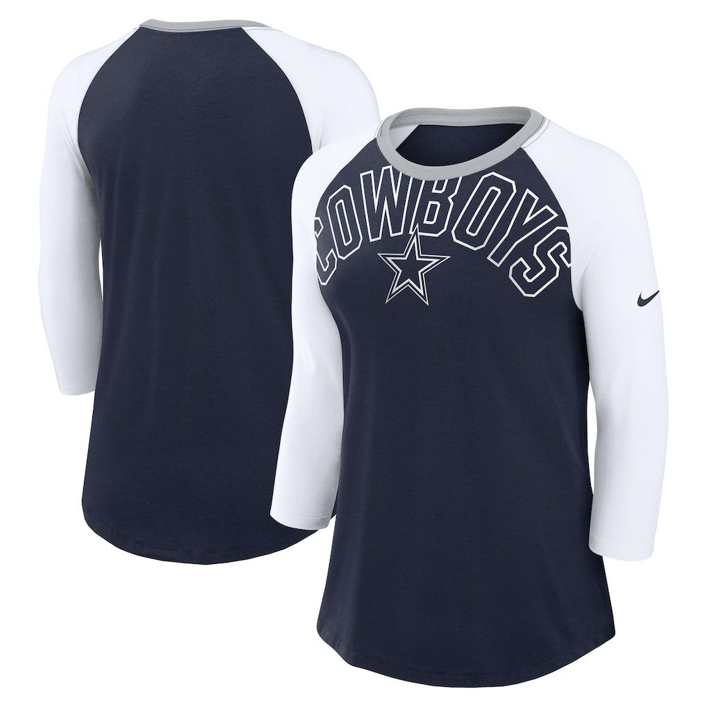 Dallas Cowboys Women's Knockout Arch Raglan Tri-Blend 3/4-Sleeve T-Shirt - Navy/White | Nike sale