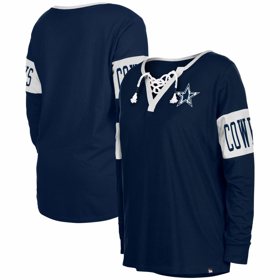Dallas Cowboys New Era Women's Lace-Up Notch Neck Long Sleeve T-Shirt - Navy cheap