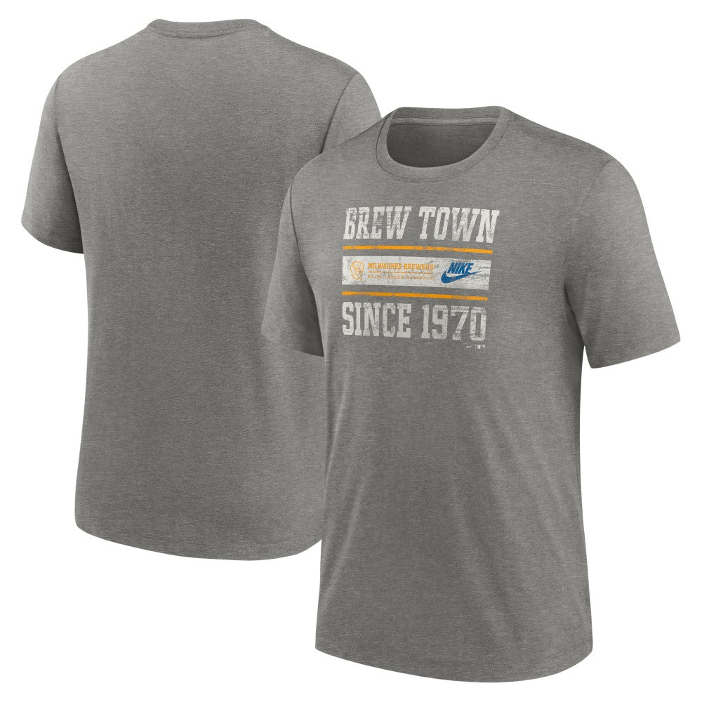 Milwaukee Brewers Cooperstown Collection Local Stack Tri-Blend T-Shirt - Heather Charcoal | Nike